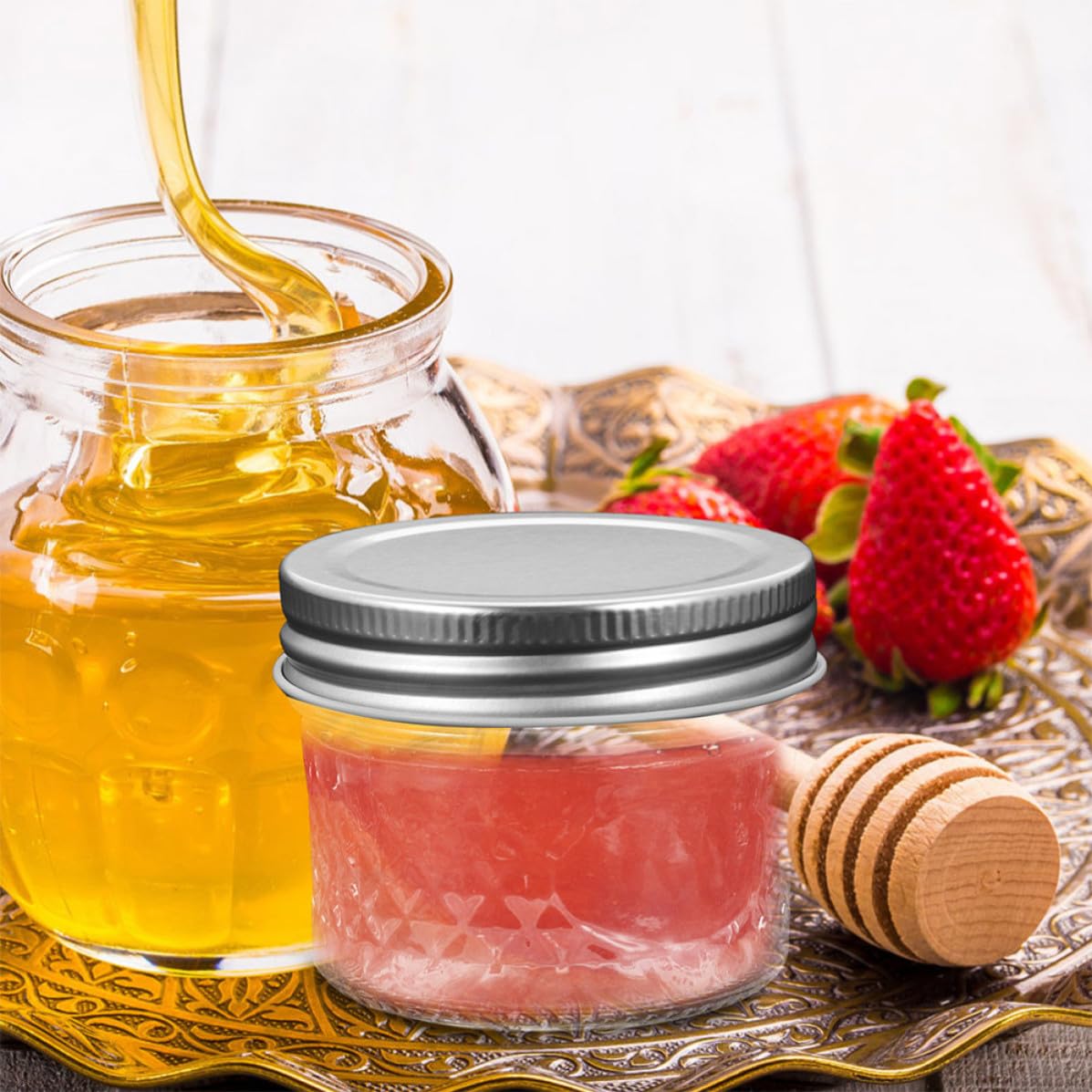 ibasenice 120ml Marmeladenbehälter aus Glas und Weißblech Einfach zu Reinigen und Nachzufüllen 1 Satz Transparente Spender für Kuchenladen und Heimküche