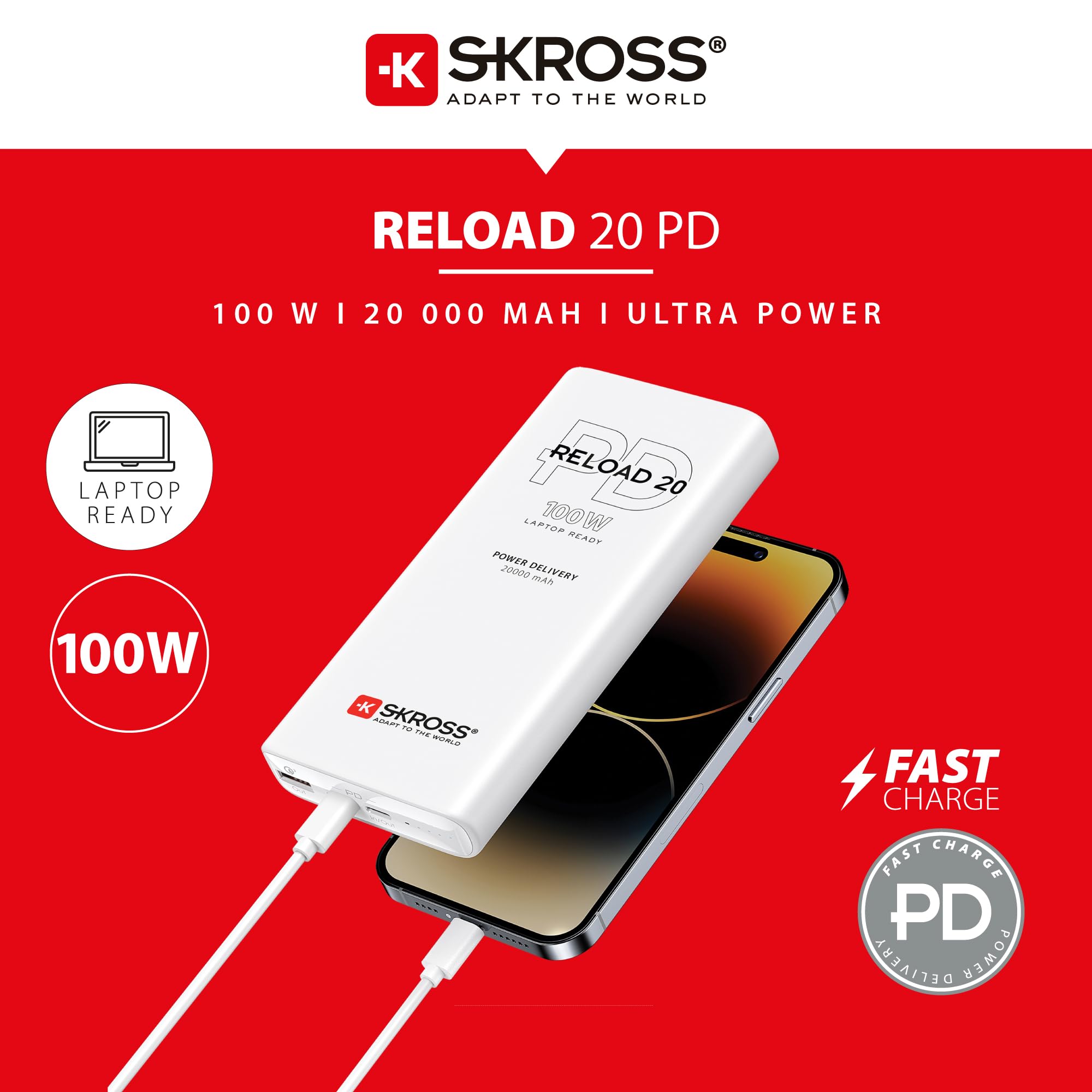 SKROSS - Reload 20 100 W PD - przenośna ładowarka - powerbank 20 000 Mha - 3 porty USB do szybkiego ładowania i kabel USB C o długości 20 cm wchodzą w zakres dostawy