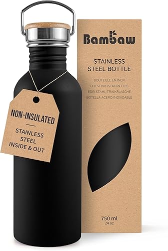 Miniatura 29 de Botella de agua de acero inoxidable Bambaw, botella deportiva negra, botella de agua no aislada, 1L de acero inoxidable, botella reutilizable, Negro