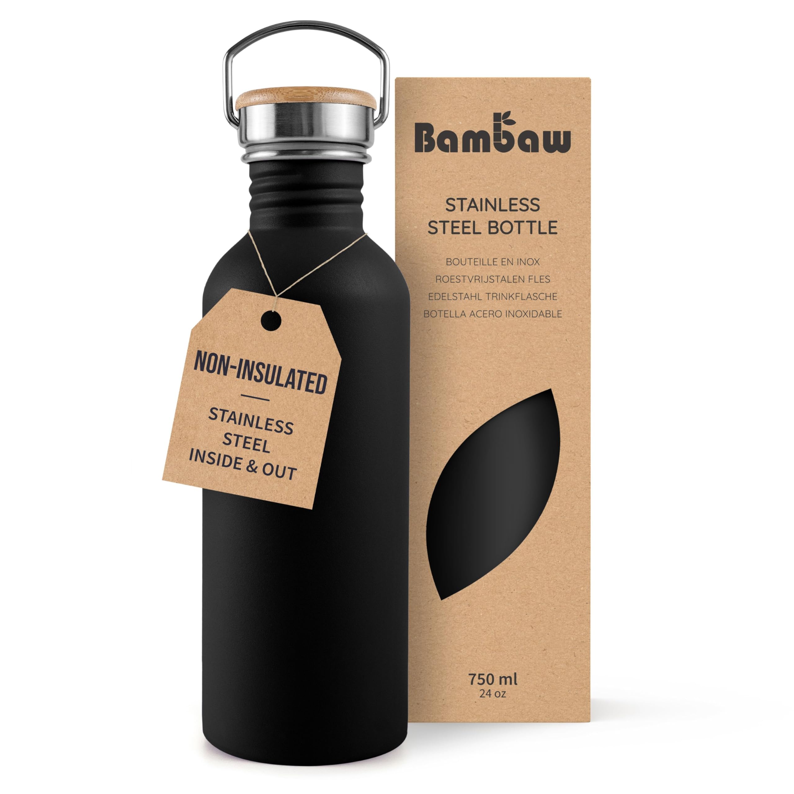 Bambaw Jet Black Stainless Steel Water Bottle 750Ml - Non-Insulated, Metal, Bpa Free, Leakproof, Reusable