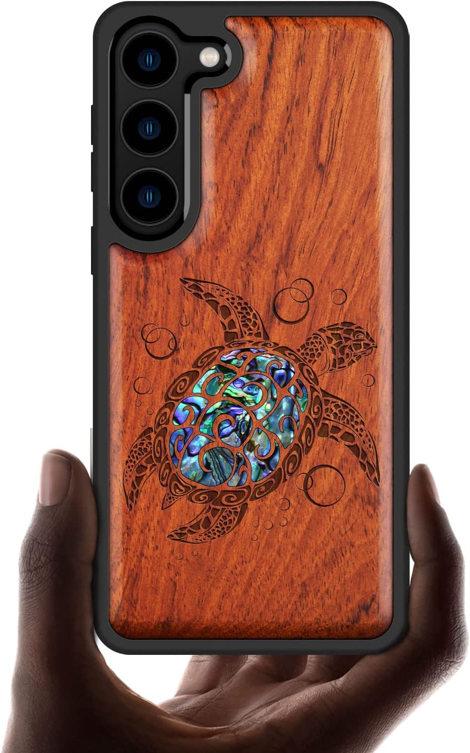 Carveit Designer Wooden Case for Samsung Galaxy S23 Plus Cover [Wood Engraving & Shell Inlay] Unique Wood Phone Case Compatible with Wireless Chargers Galaxy S23 Plus Case (Sea Turtle-Rosy)
