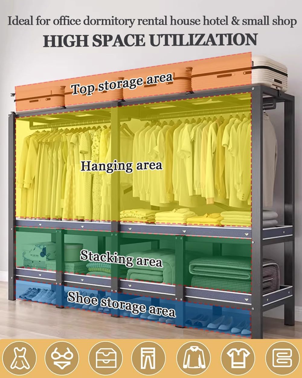 LTSRLL Armoire Wardrobe Closet with 2 Removable Hanging Rod Zipper Curtain 4 Stackable Storage Areas for Bedroom, Cloak Room
