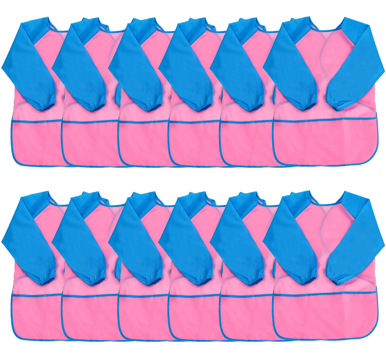 XIEJINJIA 12 Pack Kids Art Smock with Long Sleeve 3 Roomy Pockets Artist Children Play Aprons for Age 3-8 Painting CraftPink