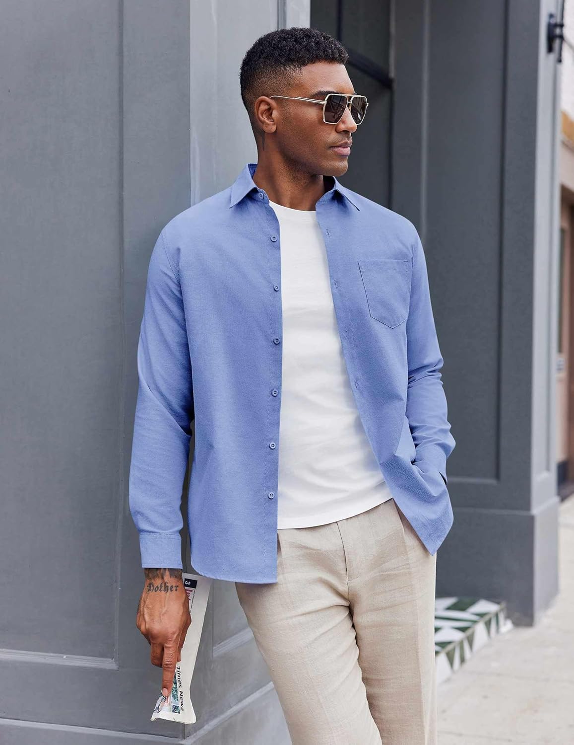 COOFANDY Mens Long Sleeve Oxford Shirt Soild Button Up Cotton Shirts Casual Work Shirts with Pocket Blue - Image 4