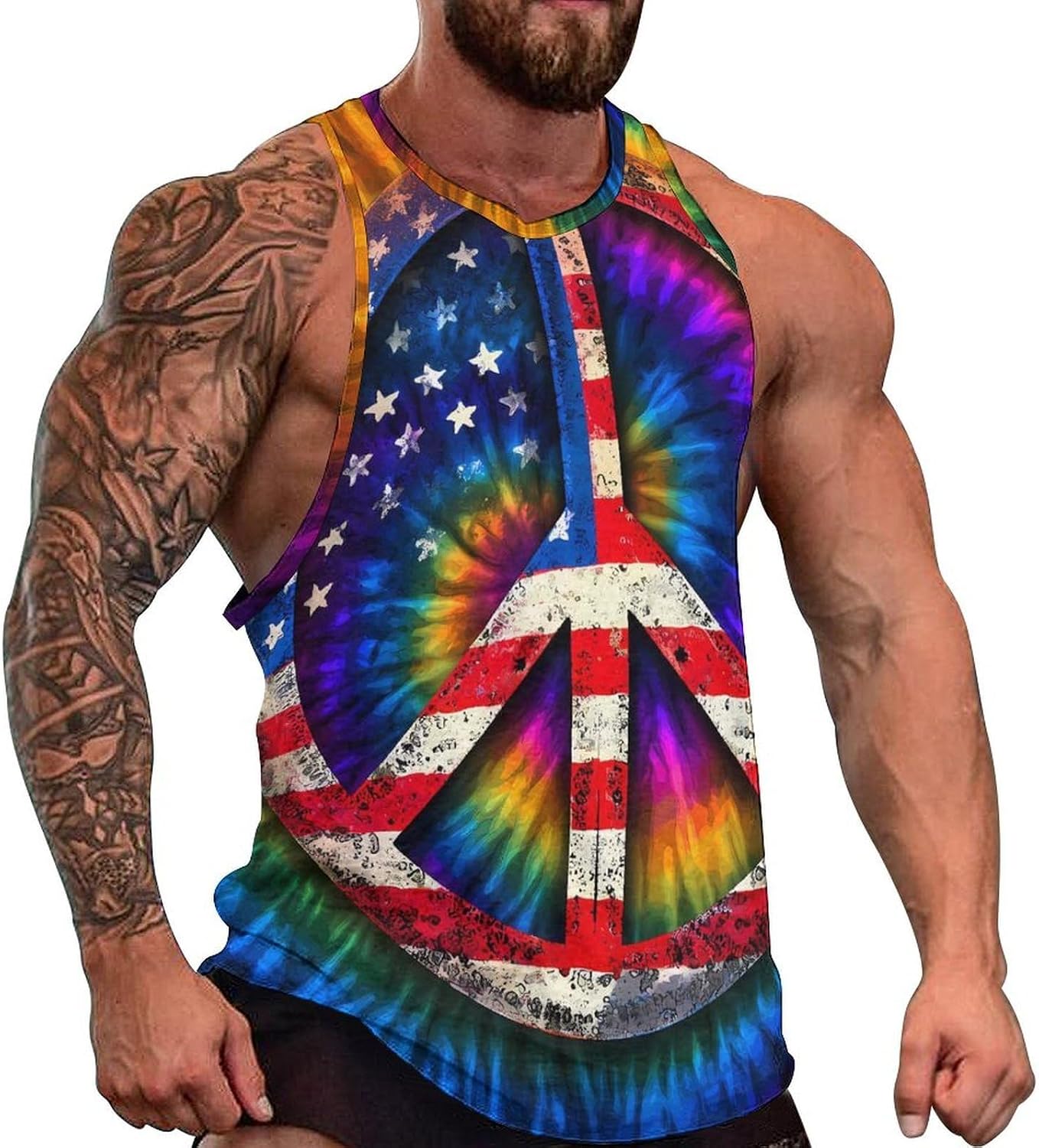 Peace Sign Tie-Dye Flag Men Tank Top Workout Shirt Muscle T Shirt 5XL