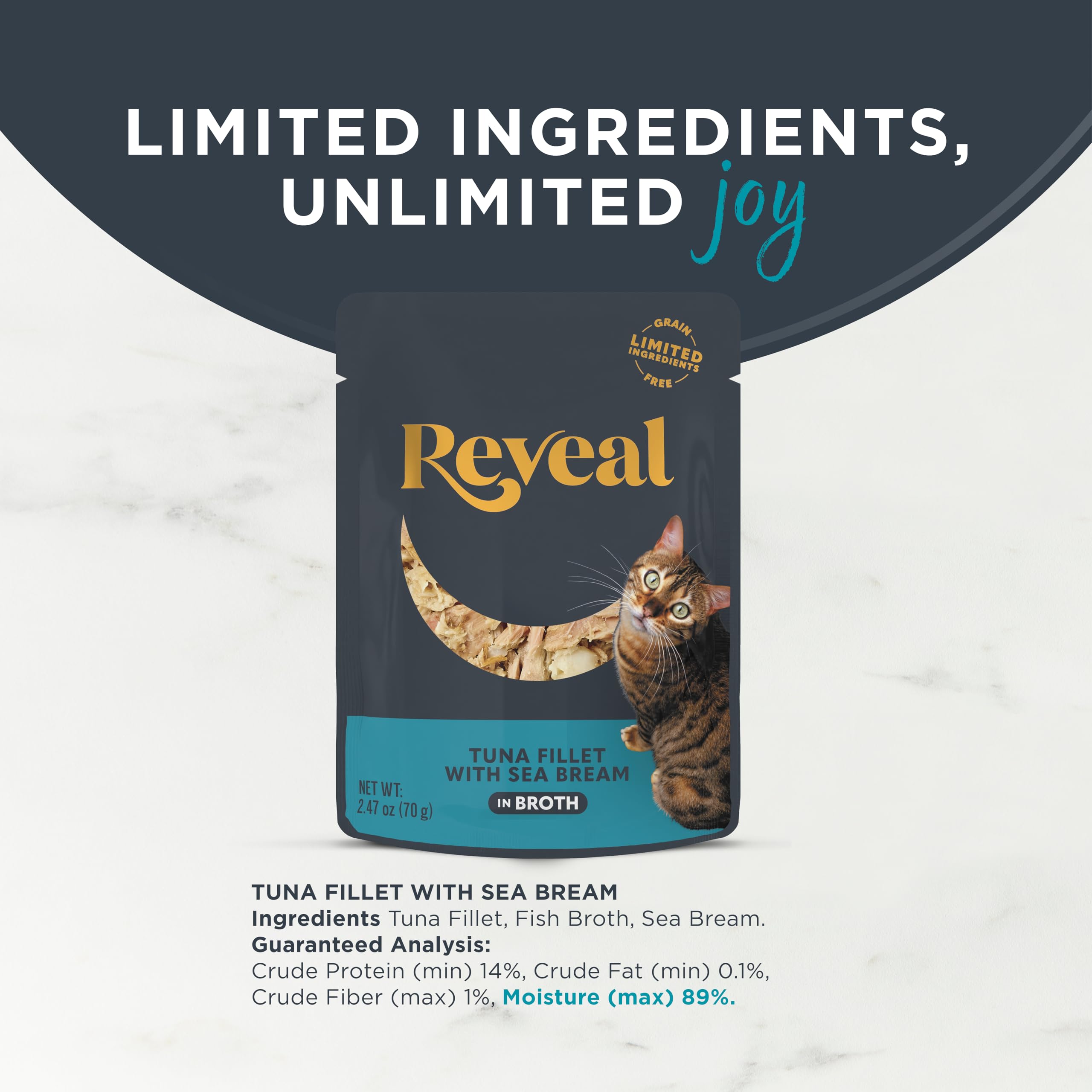 Reveal Natural Wet Cat Food, 12 Count, Grain Free, Limited Ingredient Cat Food Pouches, Tuna with Sea Bream in Broth, 2.47 oz Pouches
