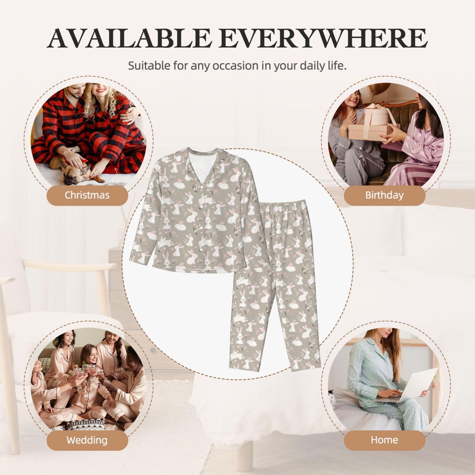 Coniglietto di Pasqua Stampa Floreale Delle Donne A Maniche Lunghe Pigiama Set Pigiameria Accogliente Homewear Casual Due Pezzi