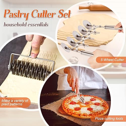 Miniatura 4 de Gisafai Juego de 3 cortadores de pastelería de 5 ruedas ajustables para pizza, rodillo de celosía inoxidable, cortador de masa de ravioles dobles