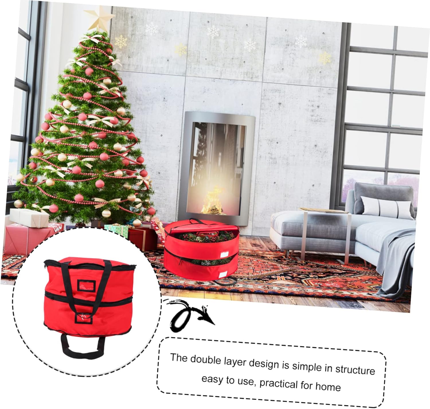 1pc Double Layered Round Storage Bag Garland Holder for Wreaths Organizer and Holiday Storage