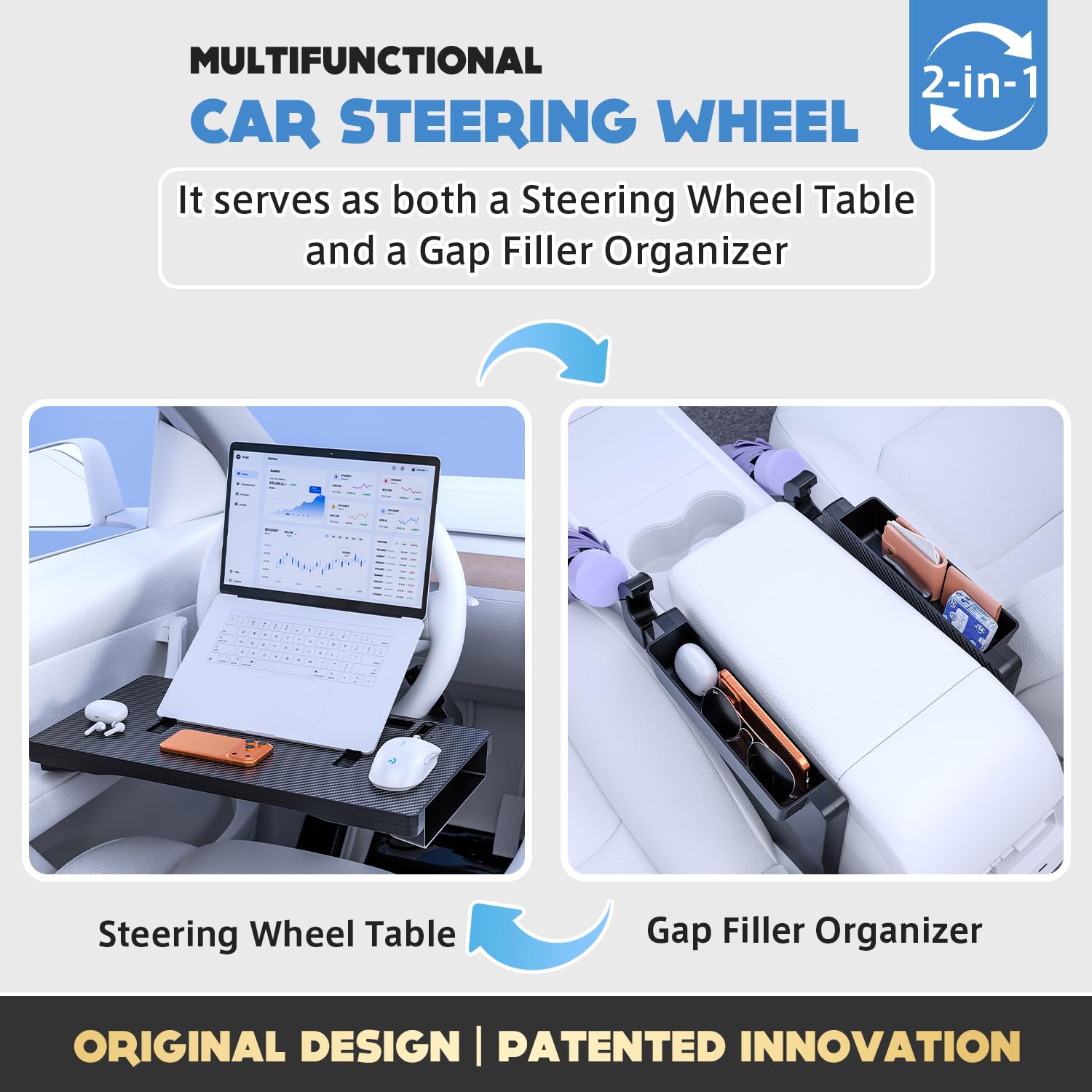 Auto-Tablett, Laptop-Schreibtisch für Lenkrad, Lenkradablage, praktisch zum Essen und Arbeiten unterwegs, ideal für Laptop, Tablet oder Telefon, Lenkradschreibtisch