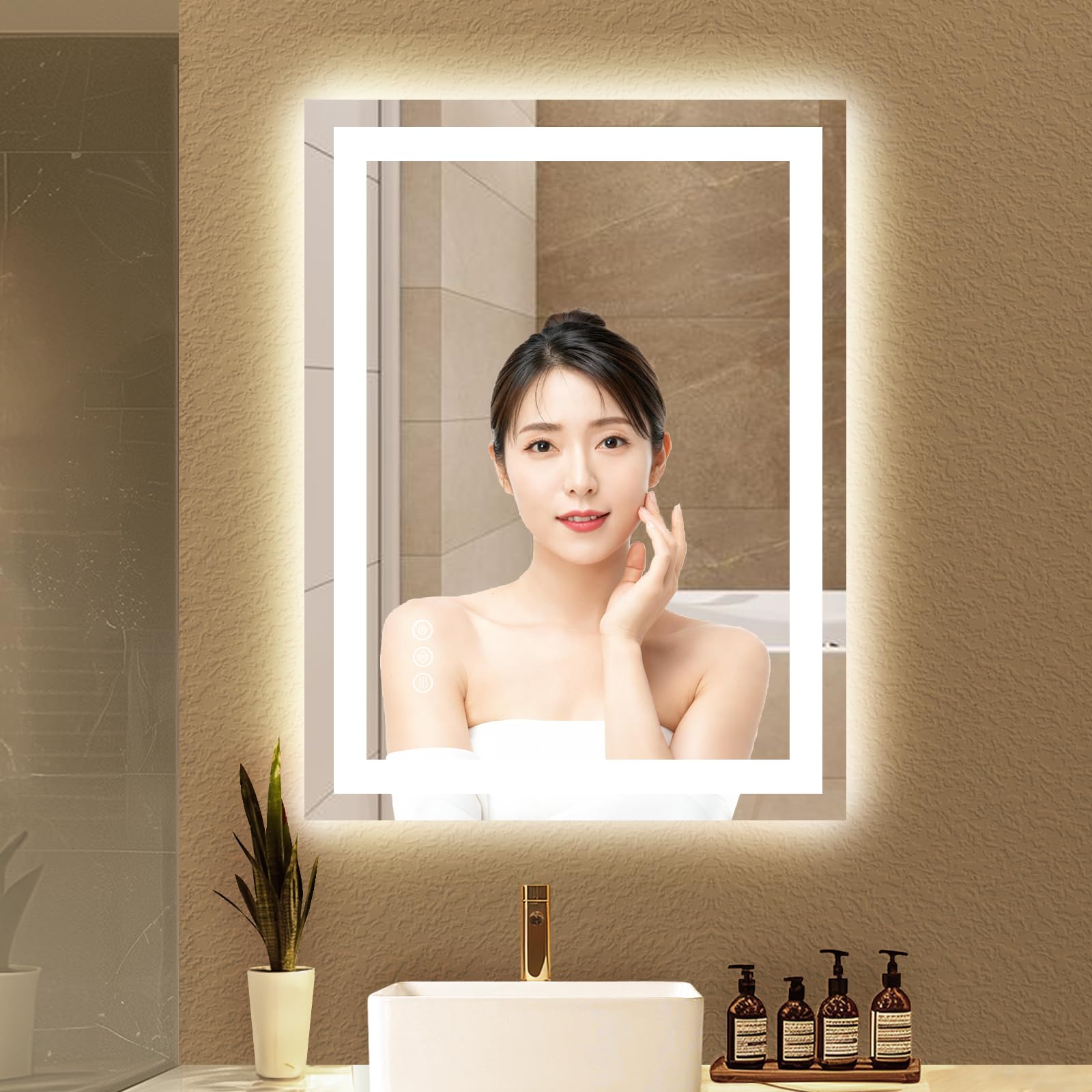 Amazon.co.jp: BOOLUU LED壁掛け鏡 60×80cm LEDミラー バスルーム化粧