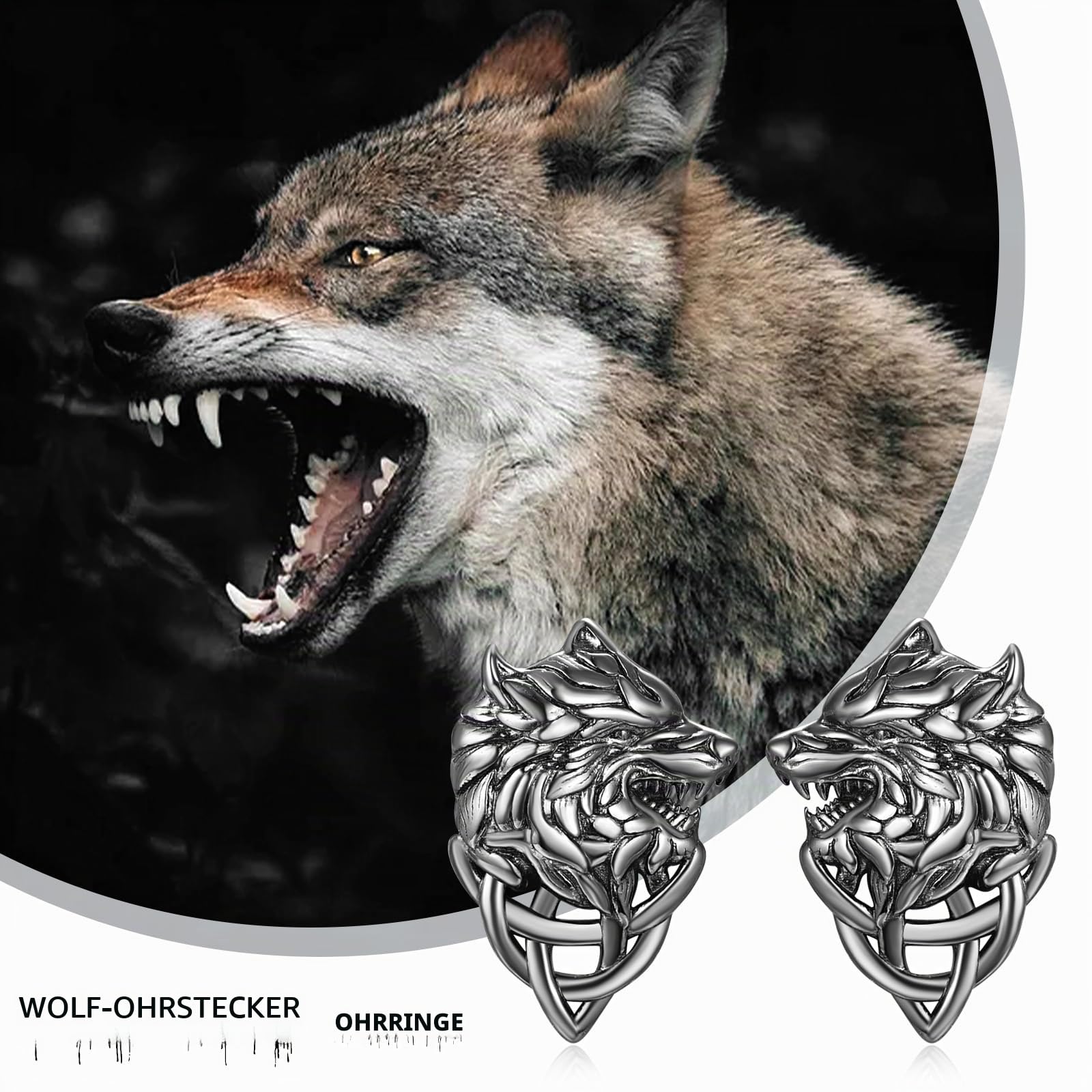 KINGWHYTE Wikinger Wolf Ohrstecker 925 Sterling Silber Wolfskopf Ohrringe Keltischer Wolf Punk Schmuck Geschenk für Männer Frauen