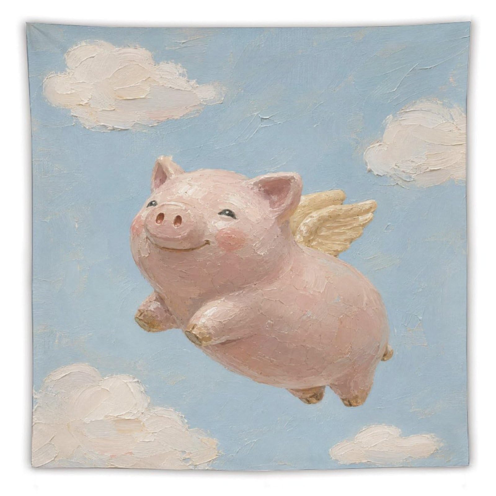 H3B8U2Y5 Flying Pig Cloudy Sky Wall Tapestry, Naive Art Style, Dorm Room