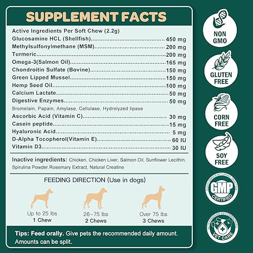 Miniatura 6 de Glucosamina para perros, suplemento de cadera y articulaciones para perros con condroitina, MSM, cúrcuma, omega-3 y calcio, la glucosamina para
