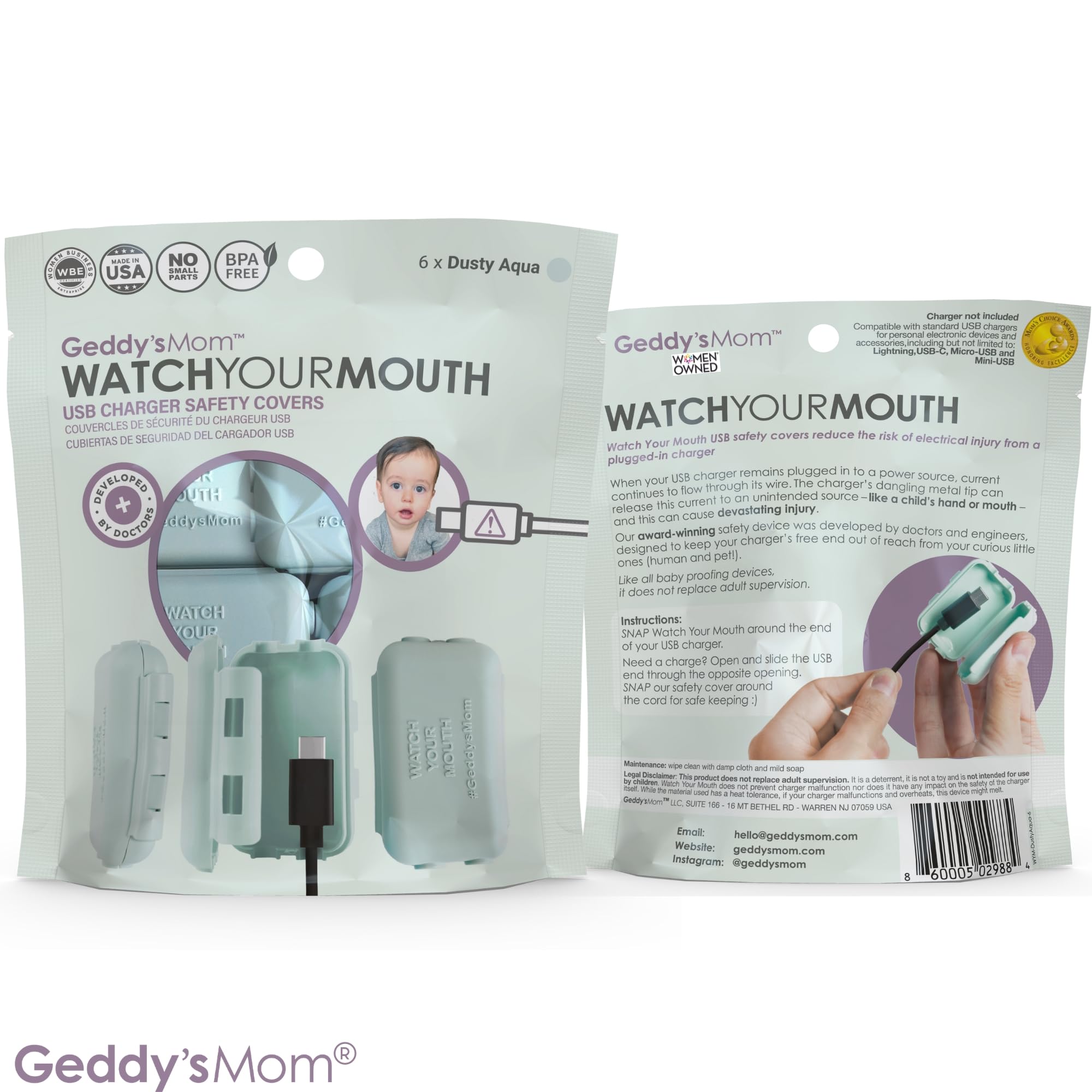 Geddy's Mom - Watch Your Mouth - Le chargeur USB primé pour enfants - Fabriqué aux États-Unis - Protection bébé pour tout-petits - Lot de 6 (Dusty Aqua)