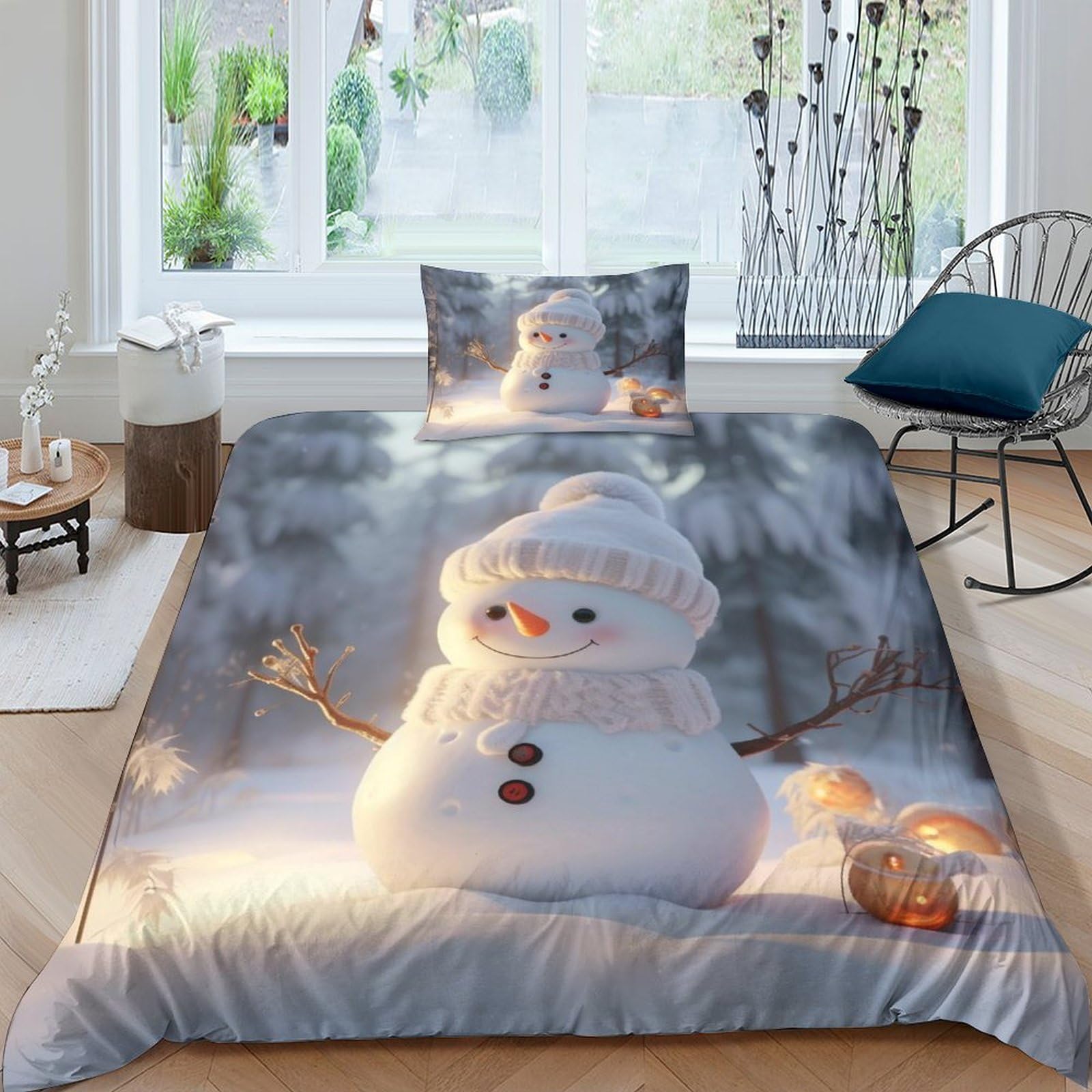 OPSREY Christmas Snowman Lovingly Comforter Cover Hidden Zipper Duvet Cover Set with Pillowcases Bedding Set Soft Microfiber Xmas Quilt Cover Set Various Sizes for Kids Adults Single（135x200cm）