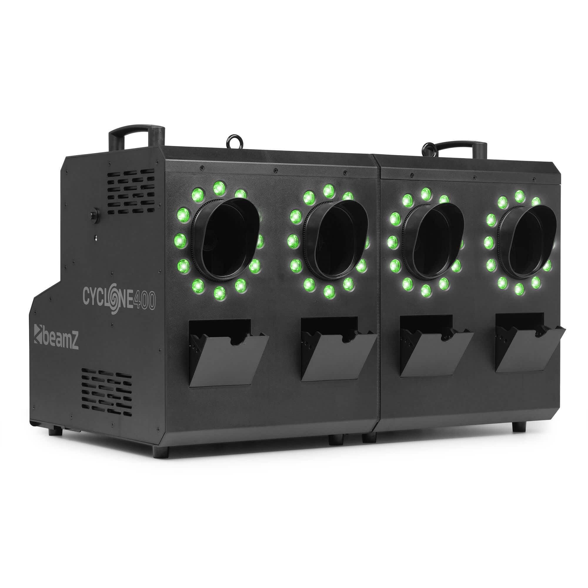 BeamZ Cyclone400 Seifenblasenmaschine mit Nebel & LED mit 20 Liter Fluid – Nebelmaschine mit 24 RGBW LEDs – Smoke Bubble Machine, DMX & Fernbedienung, Seifenblasen Maschine für Partys & Events