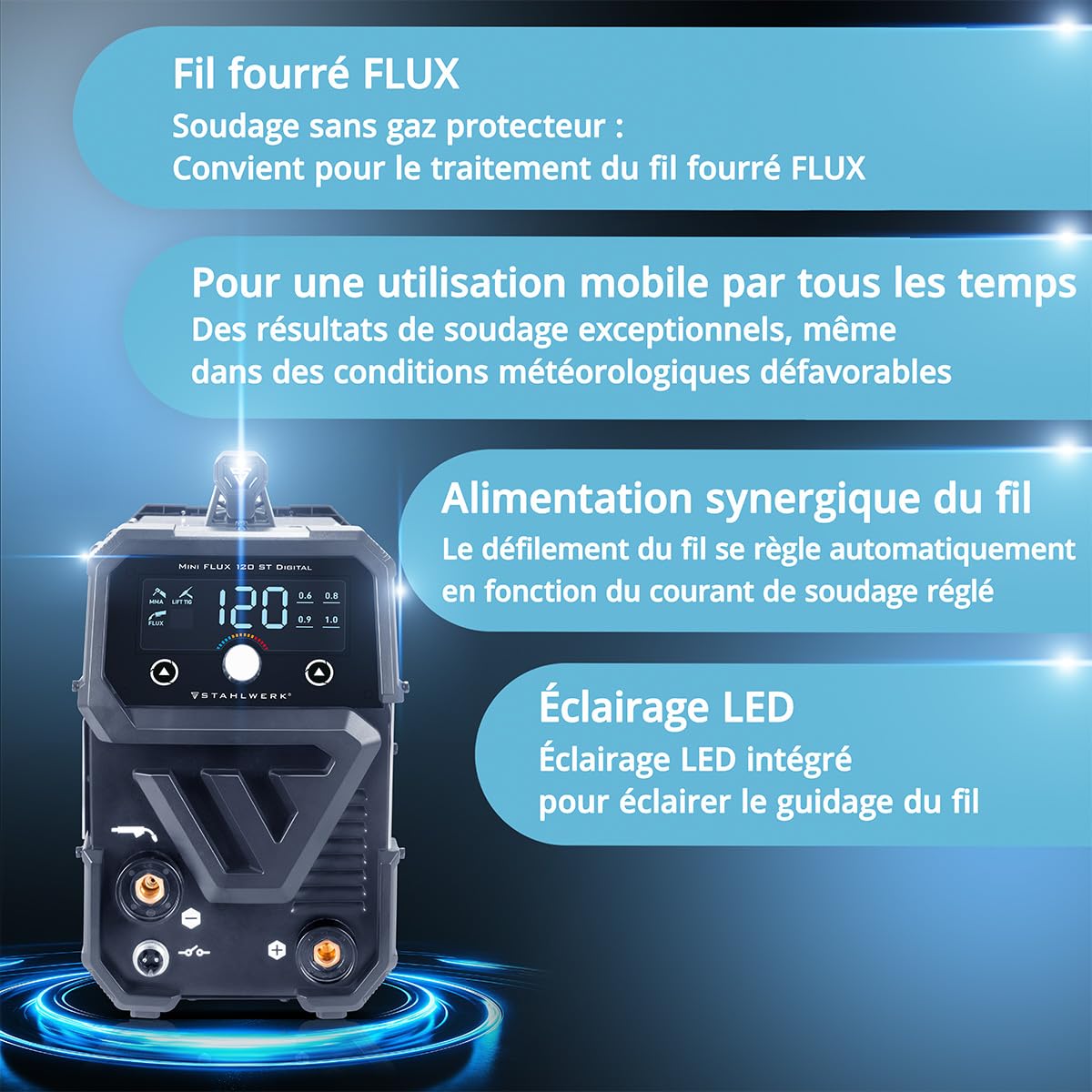 STAHLWERK Poste à souder Mini FLUX 120 ST Digital – Kit complet avec chariot – Soudage au fil fourré (FLUX) sans gaz jusqu'à 120 A, dévidage synergique, LED, fonction Lift-TIG & MMA (ARC)