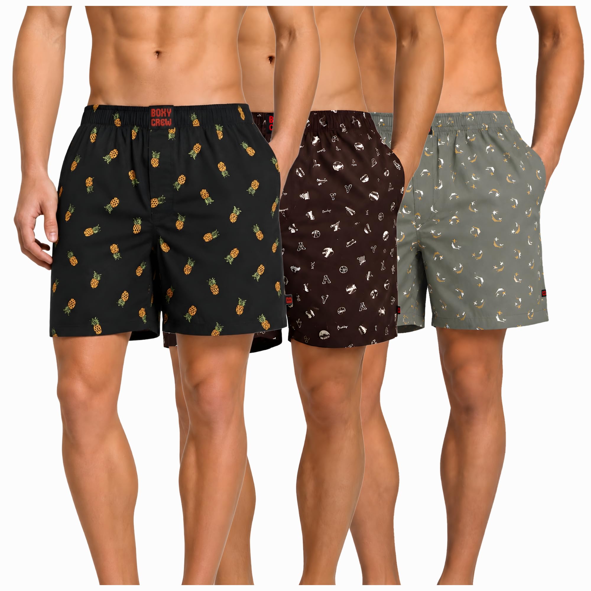 Men's 100% Cotton Boxer Shorts Pack of 3, Charcoal, Brown & Green | Woven Boxers with Side Pockets, No-Marks Elastic Waistband, Breathable Relaxed Fit | Style 004-005-008-image-26