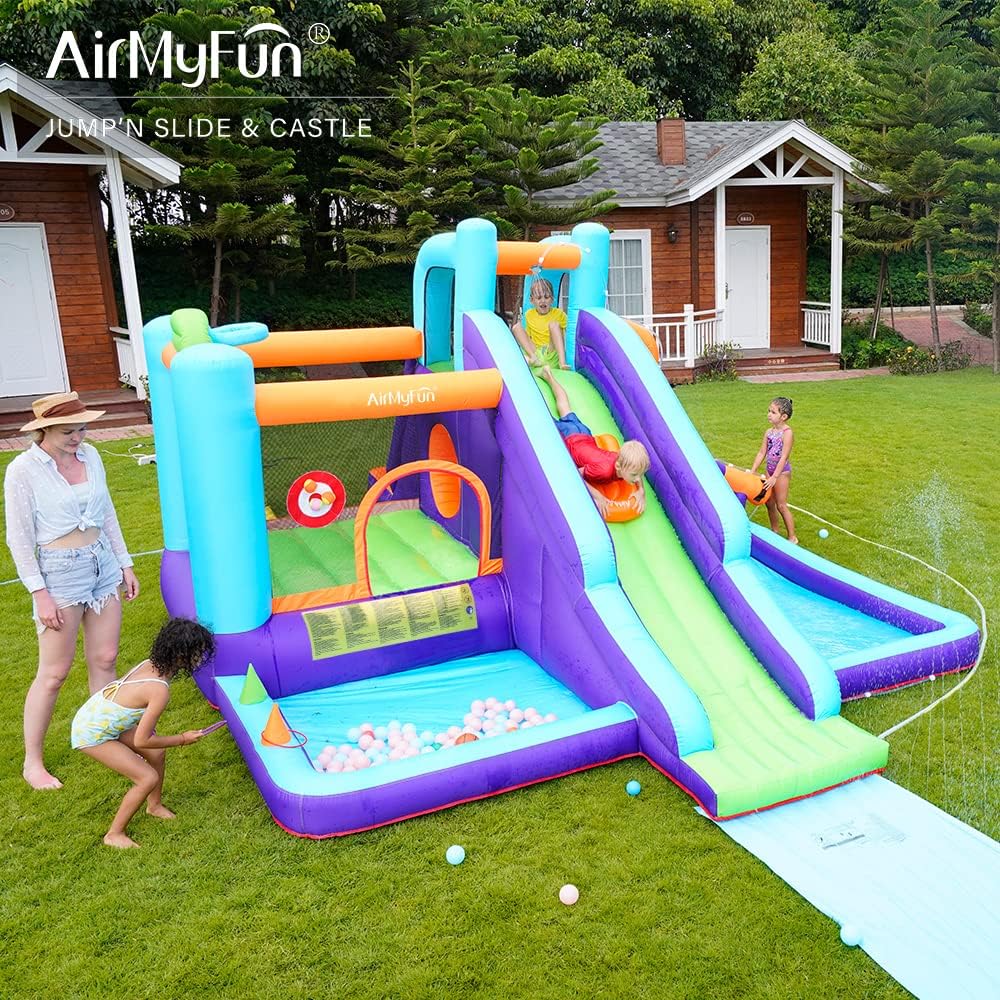 AirMyFun Inflatable Bounce House, Water Bounce House for Big Kids, Extended Slide Bounce House, 10 in 1 Water Park Dry and Wet Double Use, Jumping Castle with 750 Blower
