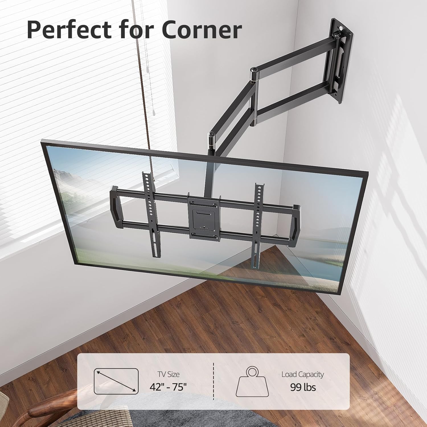 TV mounted in a corner, demonstrating corner mounting capability