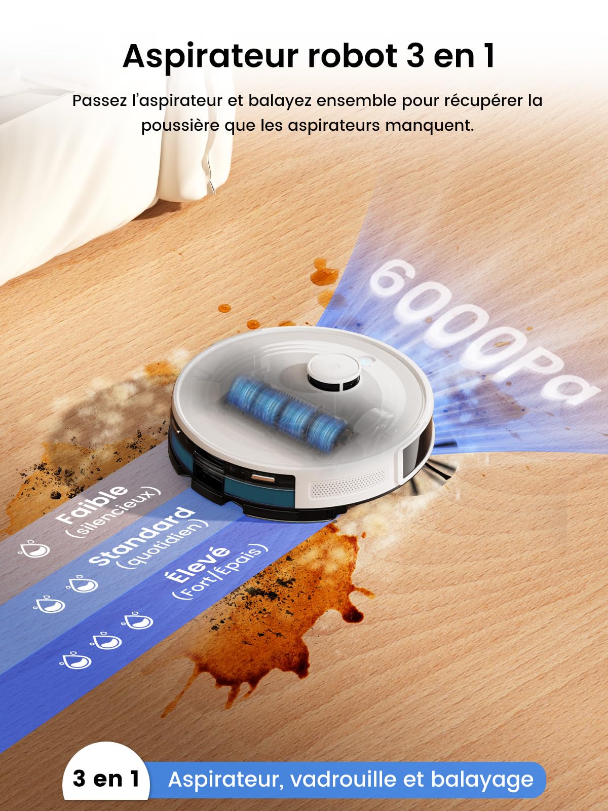 Lefant M2 Plus Robot Aspirateur Laveur 6000Pa avec Station Vidage Automatique Poussière,Navigation Laser avec Cartographie,Évitement d'obstacles PSD,Idéal pour Poils d'animaux/Tapis, WiFi/App/Alexa