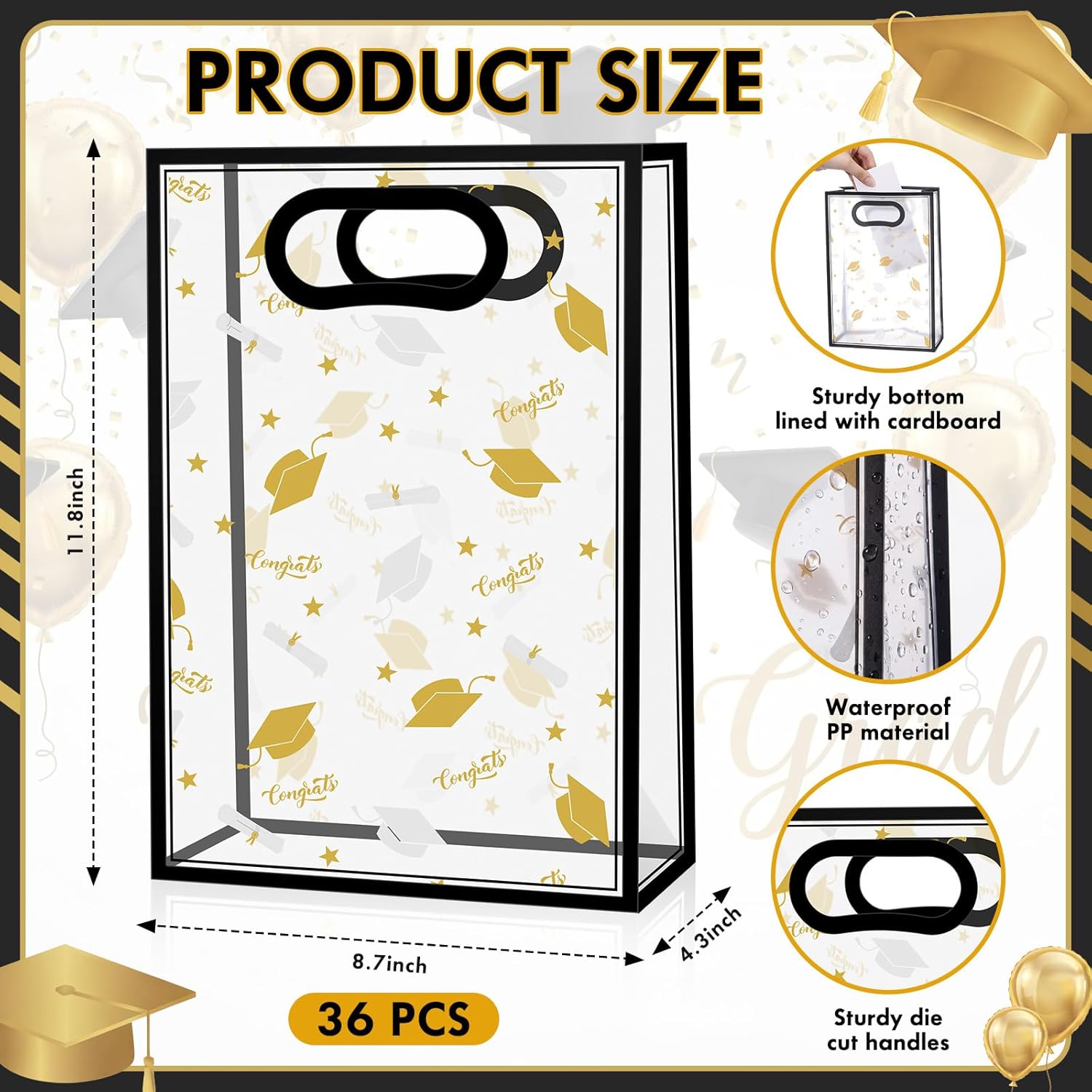 Eaasty 36 Pack Clear Graduation Gift Bags with Die Cut Handles 2026 Congrats Grad Plastic Party Favor Bag Reusable PP Gift Wrapping Totes for Graduation Party, 11.8 x 8.7 x 4.3 in(Black)