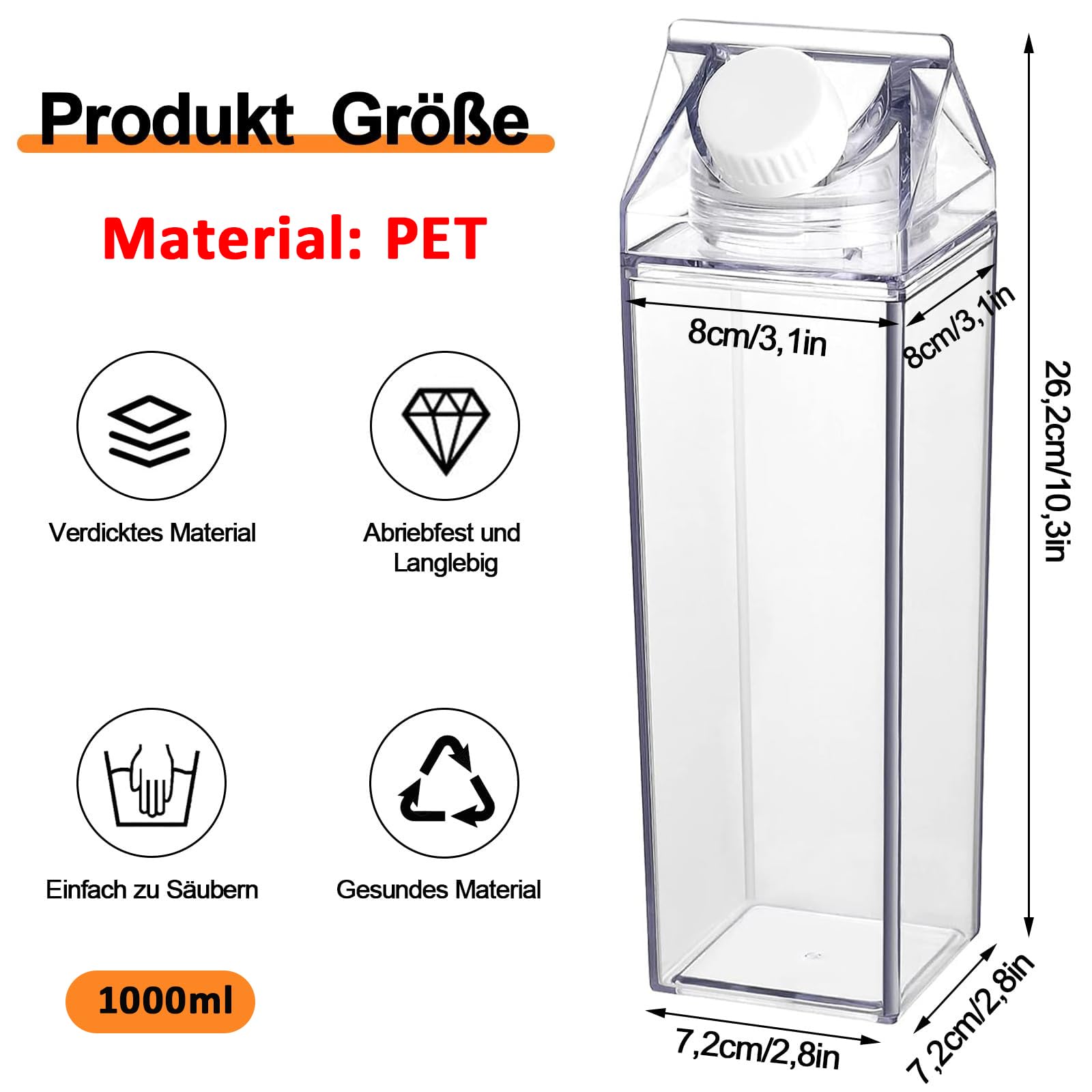 Bouteille Eau Carton Lait Bouteilles Eau 1000ml Style Carton Lait - Lot De 2 - Transparentes Étanches - Parfaites Sport Et Voyage Bouteille Réutilisable Sport Camping