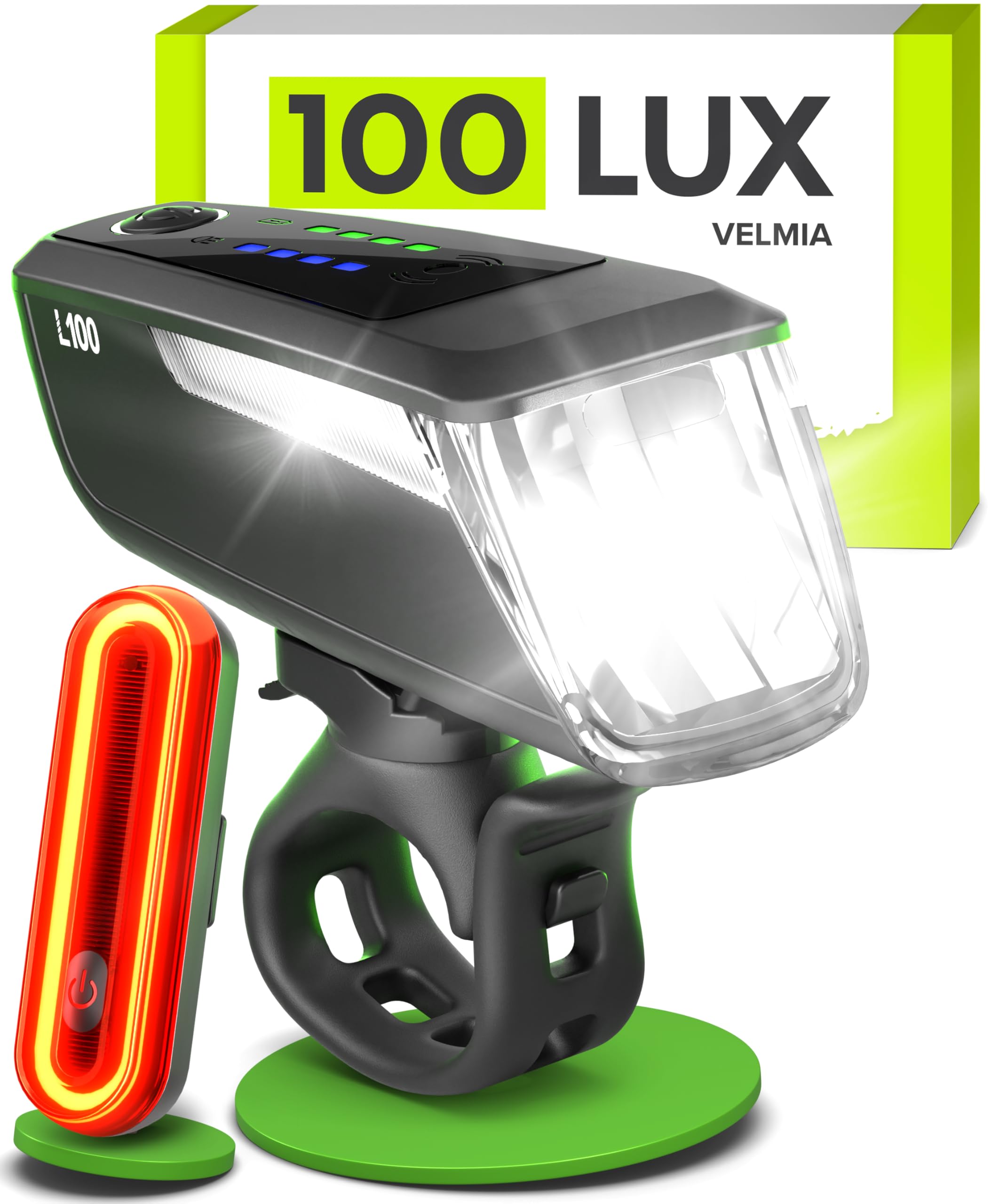 VELMIA Fahrradlichter Set [100 LUX] StVZO zugelassen mit besonders starker Ausleuchtung und 8,5h Leuchtdauer I LED Fahrradlicht Set regenfest und aufladbar I Fahrrad Licht, Fahrrad Zubehör Schwarz
