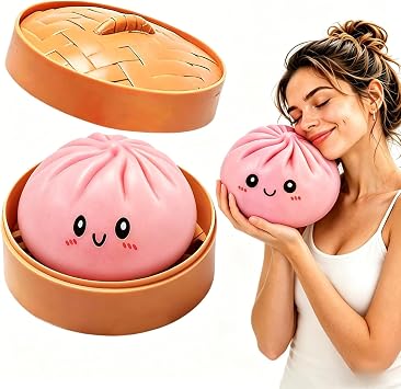6in Giant Dumpling Squishy with Steamer, Extra Large Big Jumbo Dumpling Stress Ball, Soft Squeeze Decompression Dough, Anxiety Relief Fidget, Adult Fidget Tool Pink