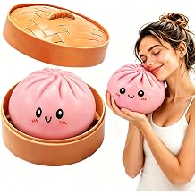 6in Giant Dumpling Squishy with Steamer, Extra Large Big Jumbo Dumpling Stress Ball, Soft Squeeze Decompression Dough, Anxiety Relief Fidget, Adult Fidget Tool Pink