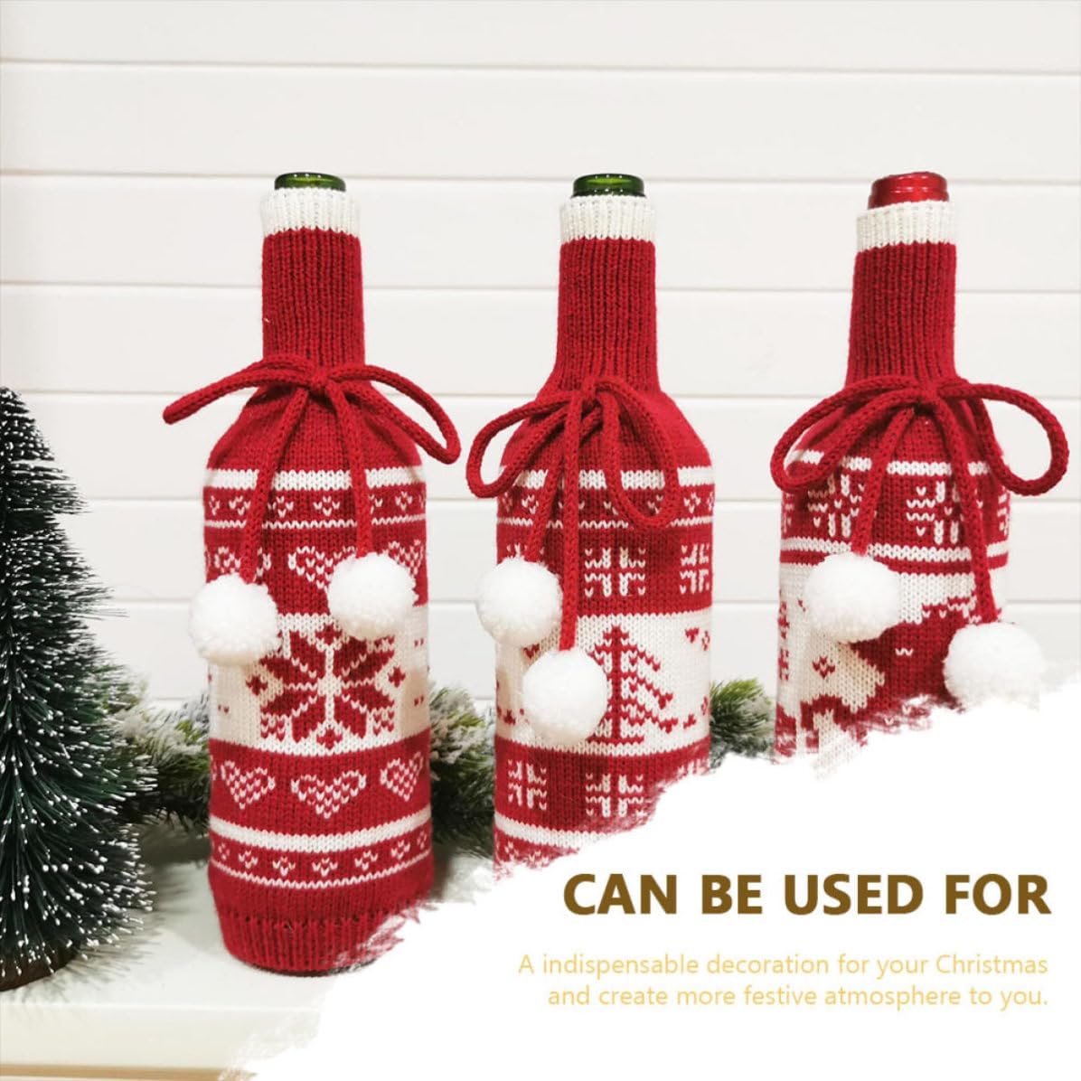 Christmas Wine Bottle Cover Set 3 Pcs Knitted Red Xmas