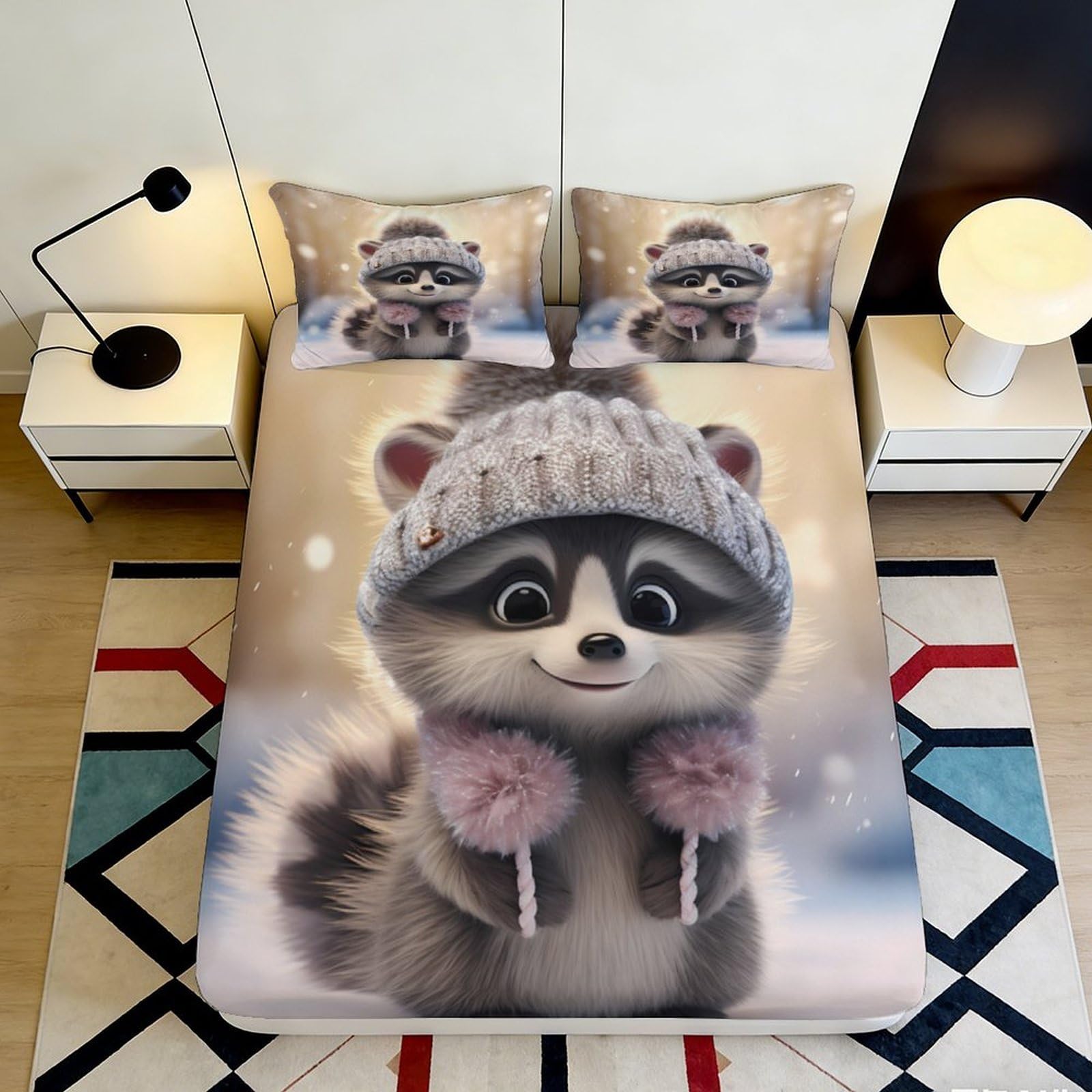 3D Printed Cute Raccoon Fitted Sheet Microfiber Soft Winter Hat Animal Mattress Cover for Bedroom Guest Room Decor 90x200x25cm