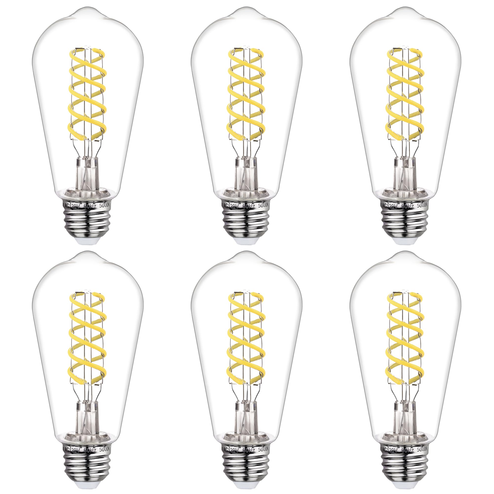 BORT Dimmable Edison Bulbs, 6W Equivalent to 60W Vintage Light Bulbs, E26 5000K ST58/ST19 LED Bulbs, Antique Flexible Spiral Filament Light Bulbs, Clear Plastic Screw Lamp - 6Pack