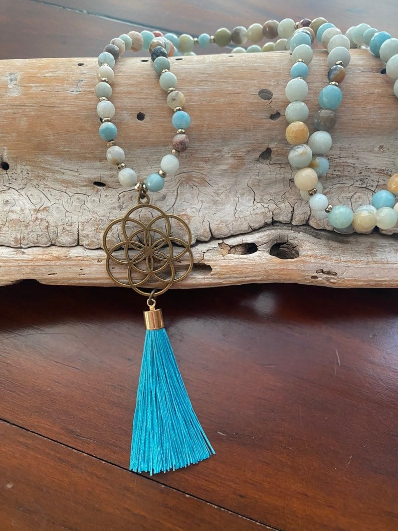 AMAZONITE - Cuentas de piedra Mala, collar de 108 mala, nudo mala, collar WWG, joyería de yoga, cuentas de meditación, joyería espiritual, joyería bohemia, 34inch, Gema