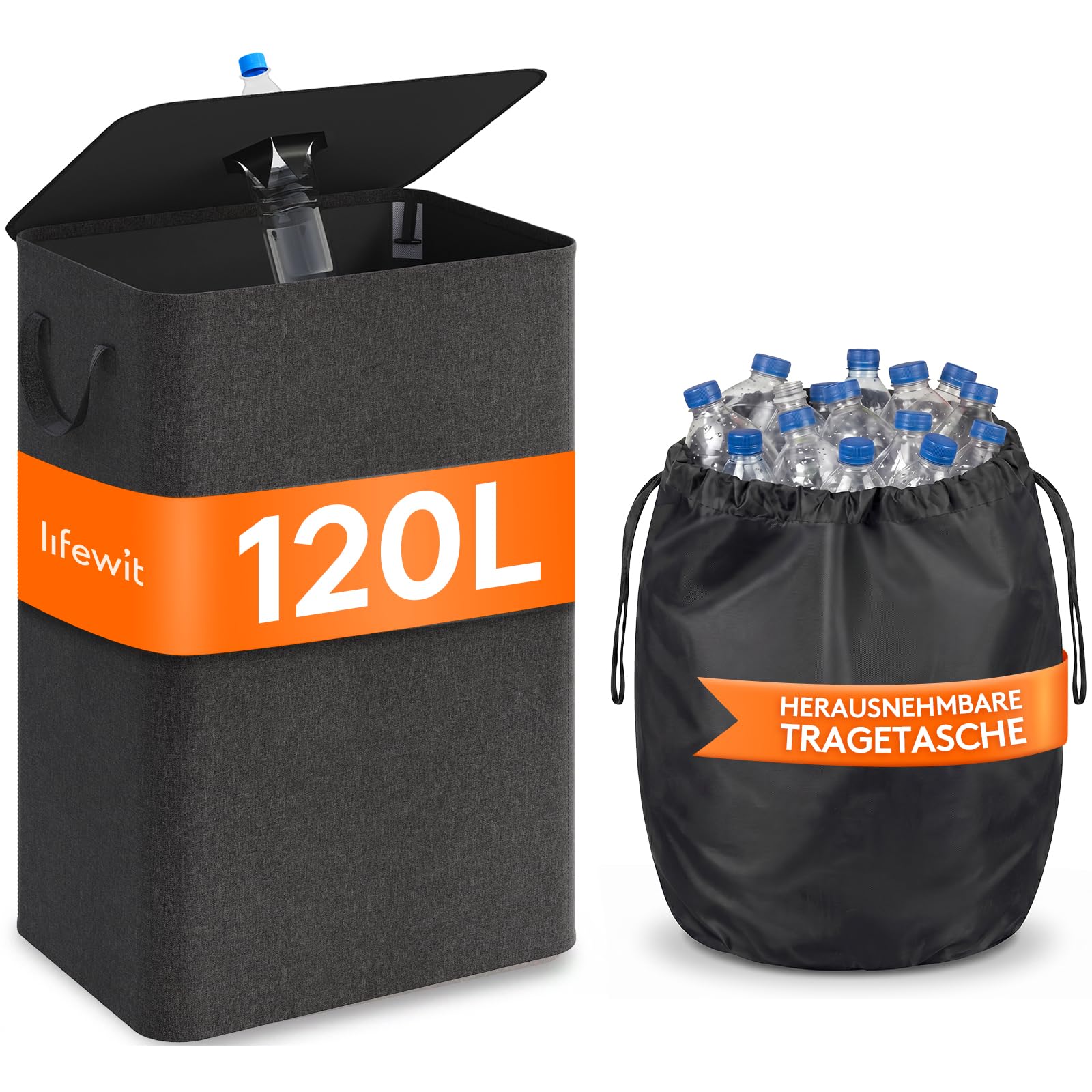 Lifewit 120L Pfandflaschen Sammelbehälter mit Deckel, Groß Pfandflaschen Aufbewahrung, Behälter Leergut & Altglas Aufbewahrung, Flaschensammler mit Loch Küche Abstellraum Flaschentasche, Dunkelgrau