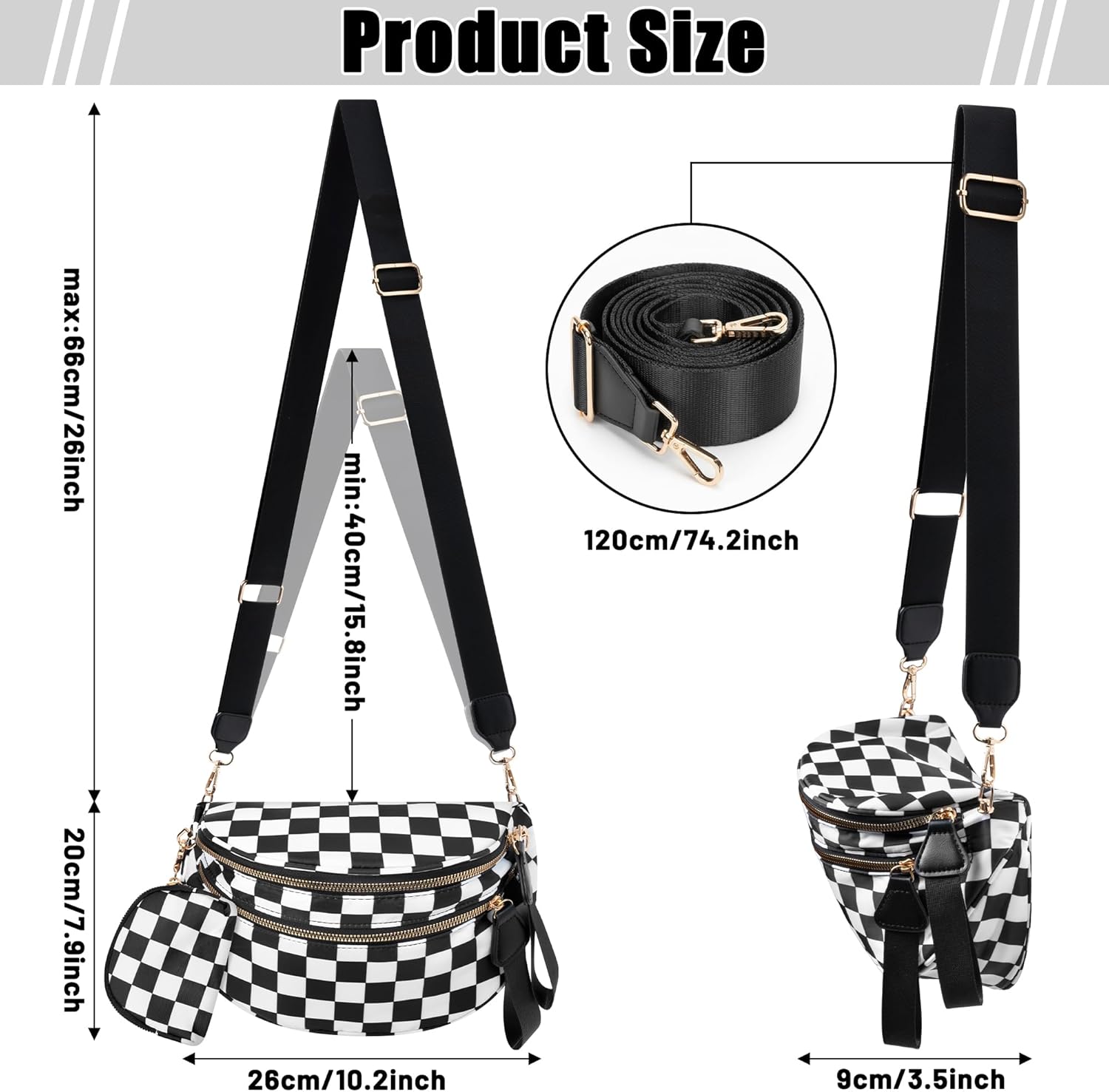Checkered Crossbody Bag for Women - Checkerboard Spacious Bum Bag with Coin Purse and Adjustable Straps, Black and White Polyester Fanny Packs Trendy Shoulder Pouch for Girls Travel Work - Image 3