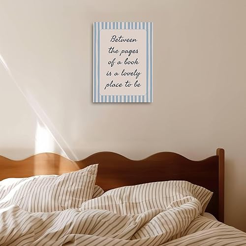 Miniatura 6 de IWGDNJS Arte de pared de libro a rayas azules y blancas, decoración de rincón de lectura, lienzo retro para pared de estudio, dormitorio,