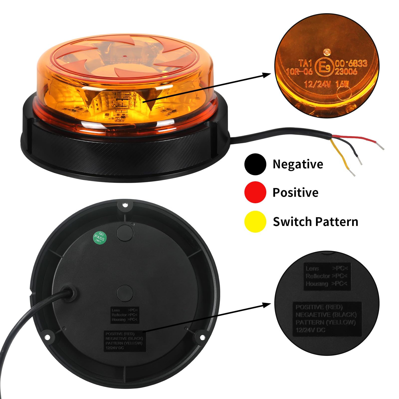 LED Bursztynowe światło ostrzegawcze, 16 diod LED 12/24 V Pomarańczowa lampa migająca 3 lampy błyskowe i 3 wzory obrotowe do maszyn rolniczych, pojazdów użytkowych, ciągników koparek