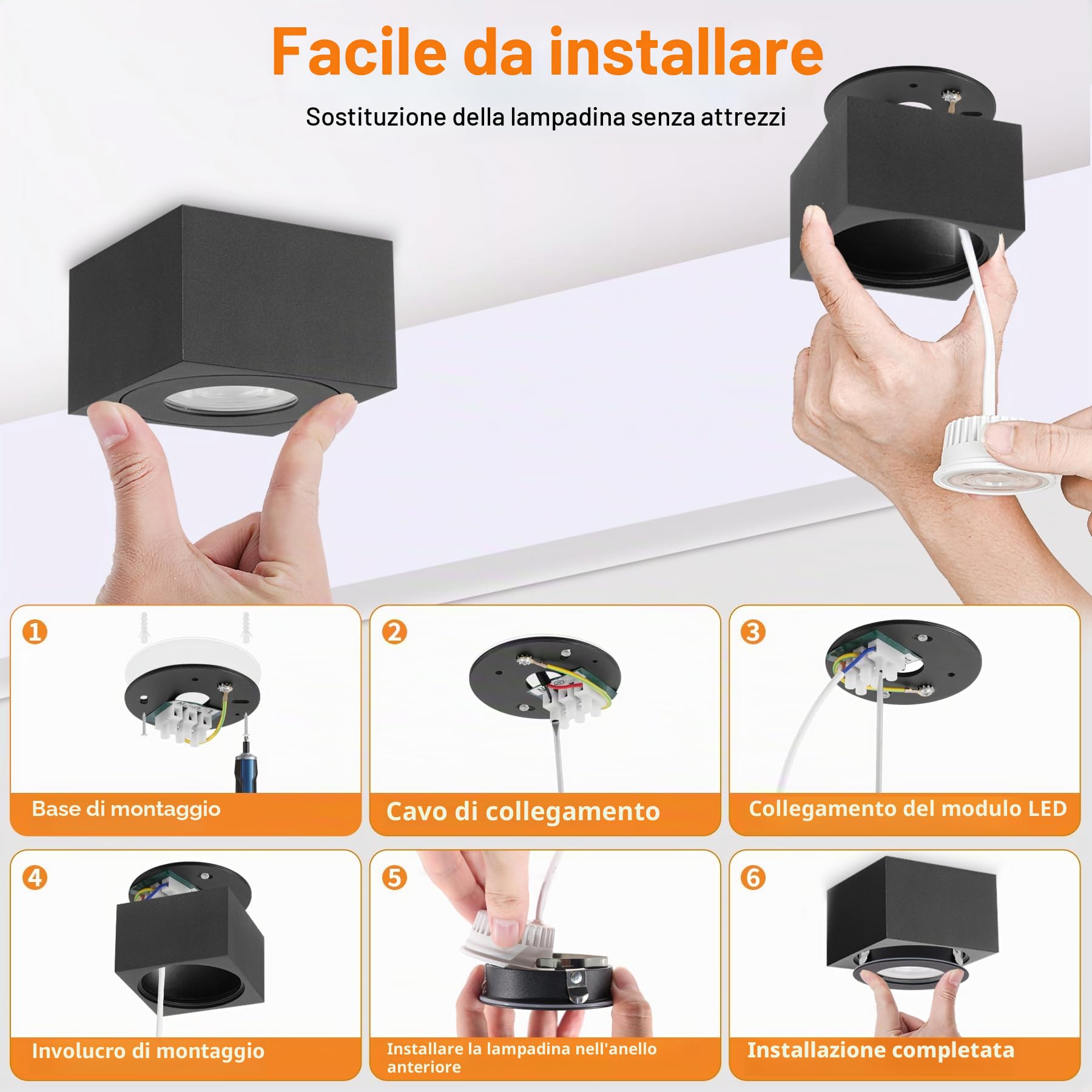 Faretto LED da Superficie IP44 Nero, Faretti da Soffitto quadrato Ø80x50mm con modulo LED 5W 550LM, 3CCT 3000K/4000K/6500K Faretti da Bagno 230V, Faretto Dimmerabile Extra Piatto, Alluminio, 2pcs