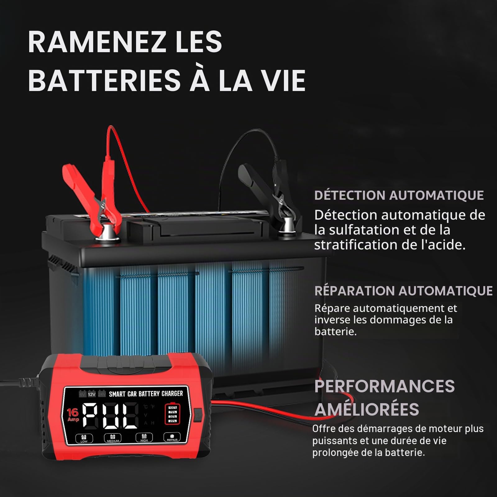 Haisito Chargeur de Batterie 16A, Chargeur Intelligent Automatique 6V/12V/24V pour Batteries Plomb (AGM/Gel/SLA/EFB) et LiFePO4, Maintien de Charge 10 Étapes avec Écran LCD pour Voiture, Moto et Plus