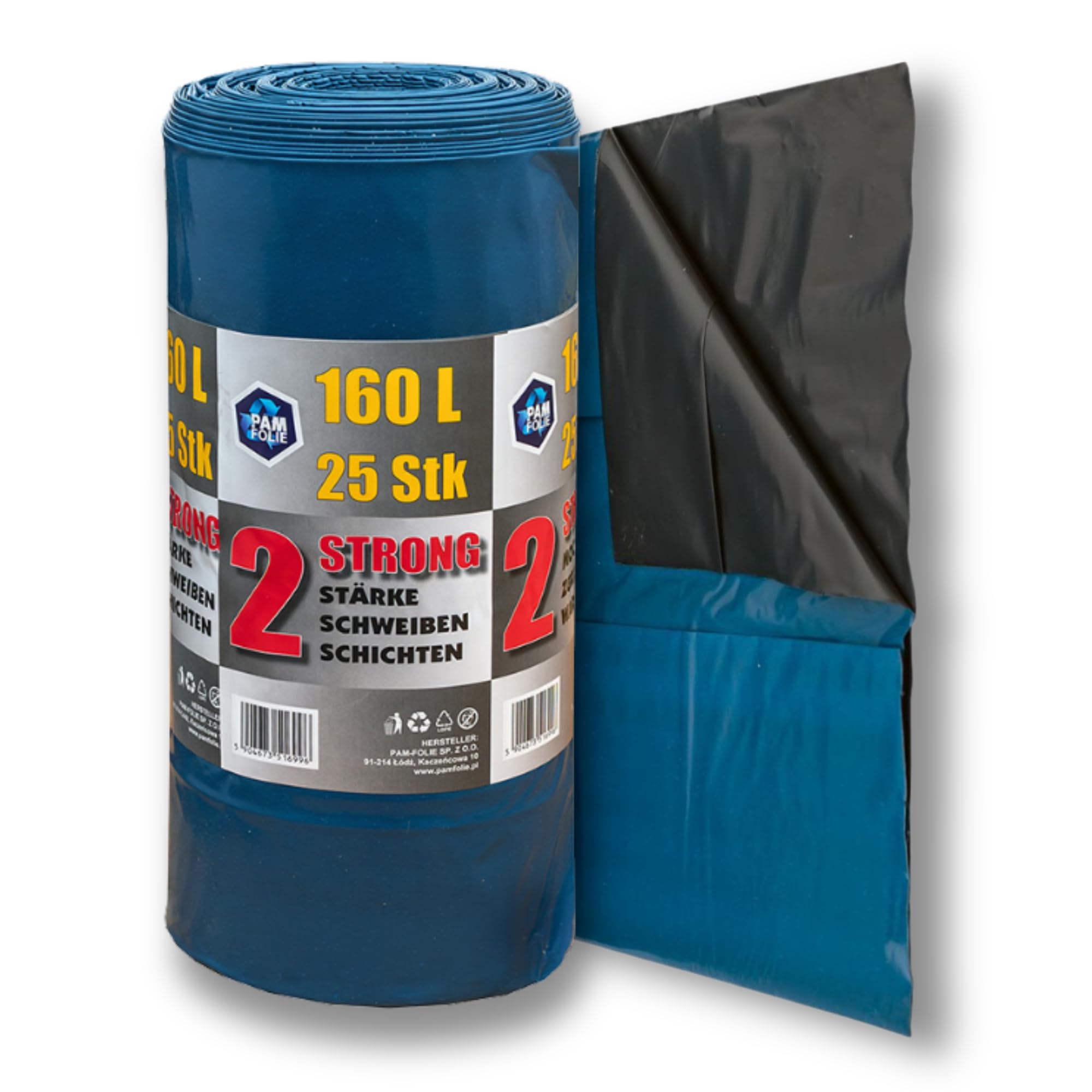 Pam-Folie 160L Extra Strong Rubbish Bags 160 L - Pack Of 25 - Large, Thick Waste Bags - 85 X 110 Cm - Double Layer - Black, Blue Bin Bags - Rubble Bags, Universal