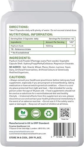 Miniatura 2 de Cáscaras de psyllium de 1500 mg x 90 cápsulas  Fibra dietética natural para limpieza de colon y salud intestinal  Fabricado en Reino Unido