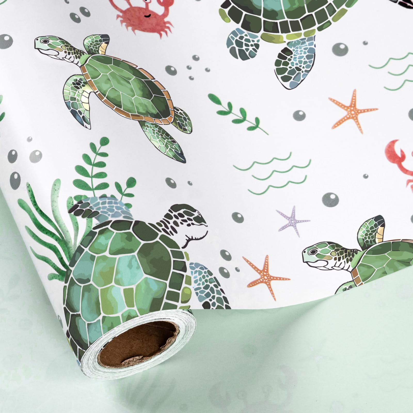 LeZakaa Sea Turtle Wrapping Paper Roll for Boys Girls Kids, Green Seaweed, Crabs, Starfish Underwater Ocean Reversible Design for Birthday Baby Shower, Jumbo Roll 30 inches x 32.8 Feet