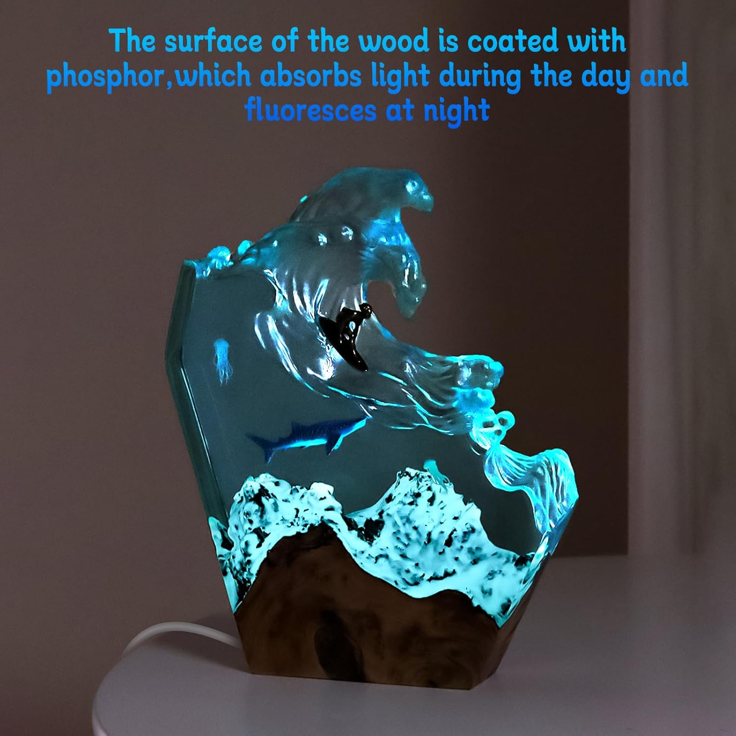 Resin LED Ocean Surfing Night Lights,Handmade Wooden Epoxy Resin Bedside Table Lamp,3D Art Ornaments Office Bedroom Room Party Decor for Surfer Men Women Boys Girls (8-inch Surfing)