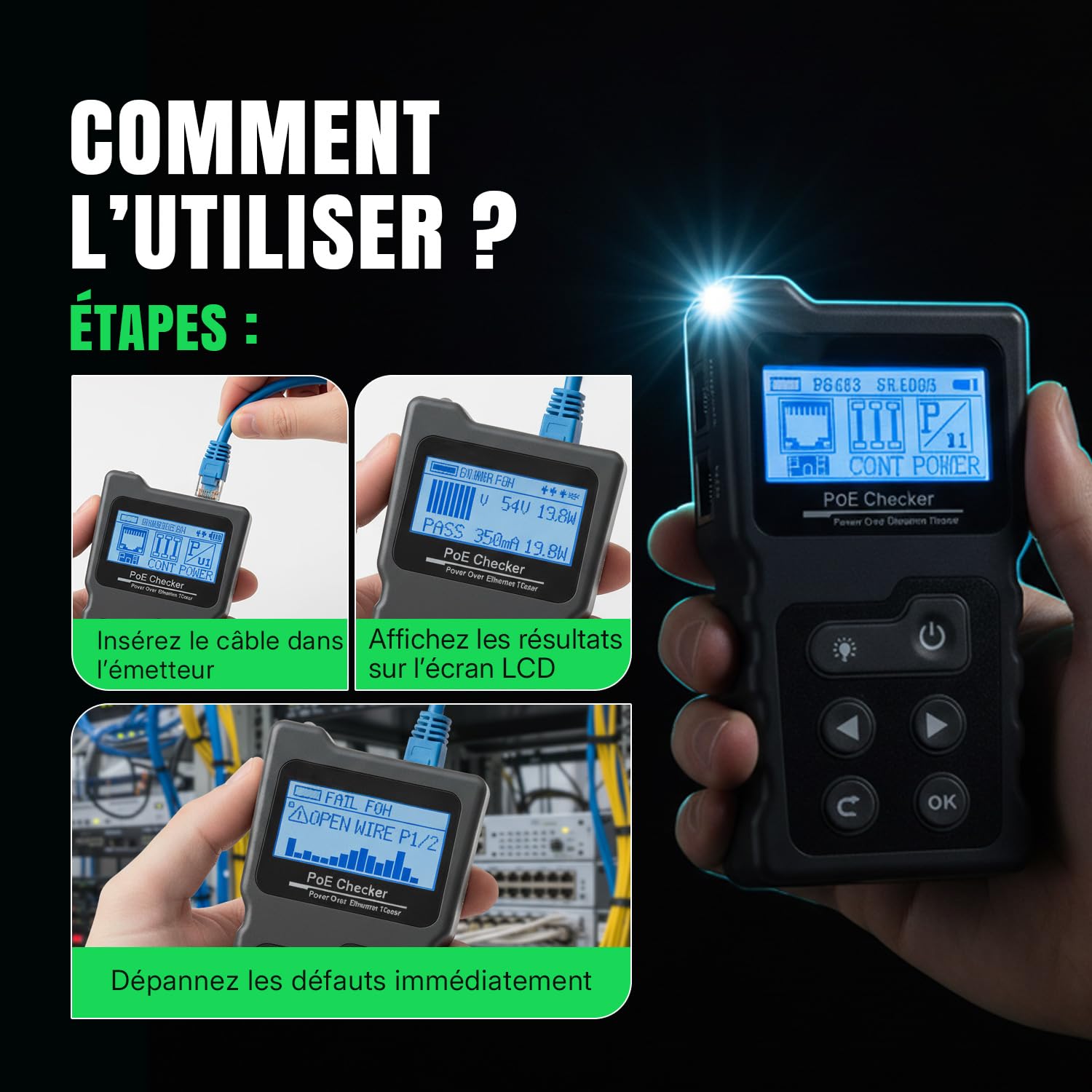 Testeur de réseau avec PoE, RJ45 - Avec écran LCD - Pour câble réseau Cat5/Cat6 - Test de tension et de courant