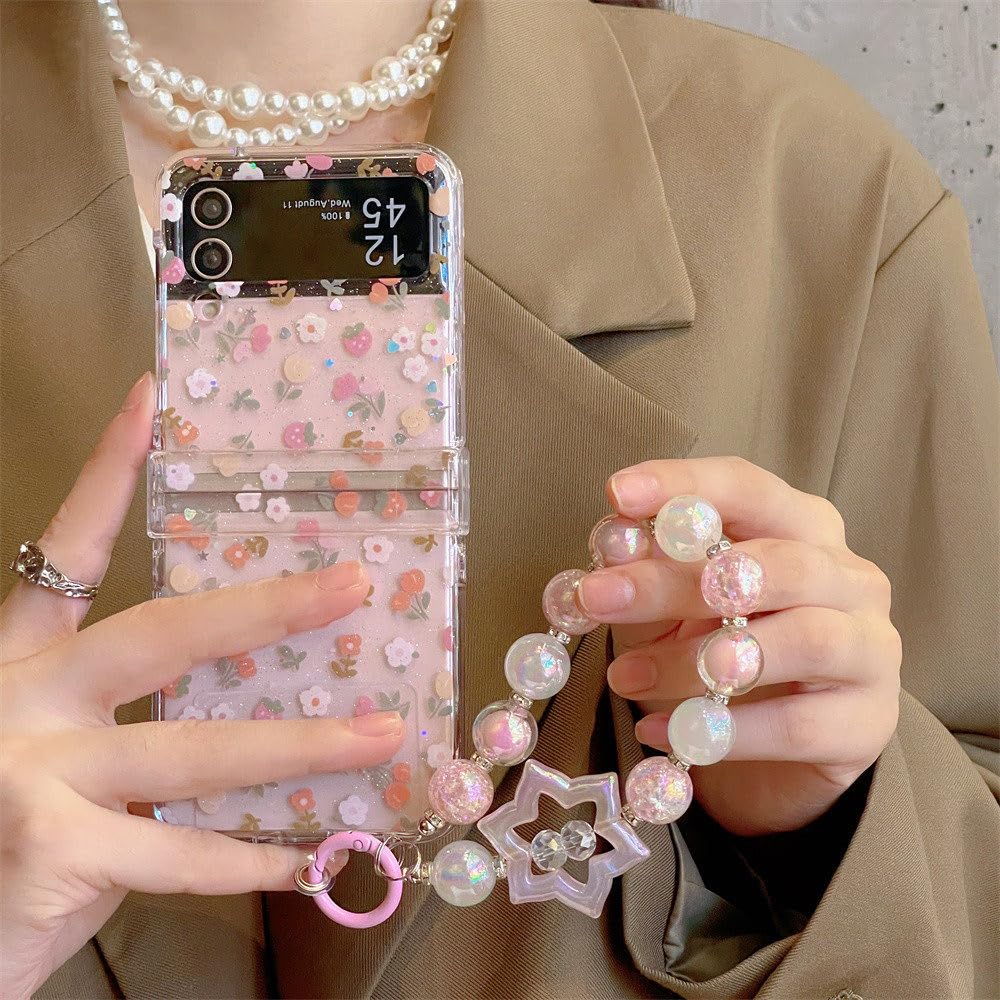 Luksusowa bransoletka z pereł Śliczny kwiatowy brokat Etui na telefon do Samsung Galaxy Z Flip 5 4 3 Flip3 Flip4 Korea Urocza okładka kwiatowa, TZ933,2, do Galaxy Z Flip 3