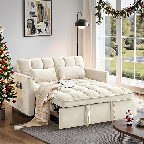 Convertible Sofa Bed, Pull Out Couch with Side Pockets, 3 in 1 Velvet Fabric Loveseat Sleeper Sofa Bed, Pull Out Couch with Adjustable Backrest for Living Room, Bedroom, Apartment, White