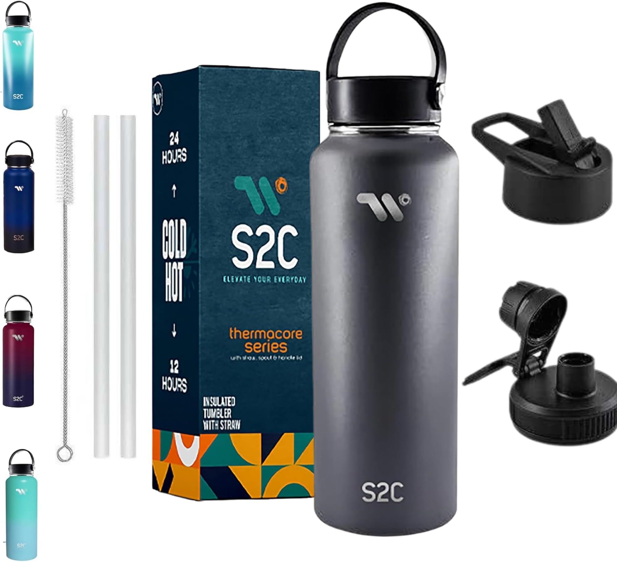 S2C 1200ml Stainless Steel Insulated Water Bottle - Keeps Drinks Cold 24H & Hot 12H, Leakproof, 3 Lids for Camping & Outdoor Adventures (GREY)