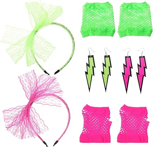 LOGOFUN 2 diademas de encaje retro de los años 80, aretes de neón, guantes de red para mujer, accesorios de disfraz de baile y cosplay